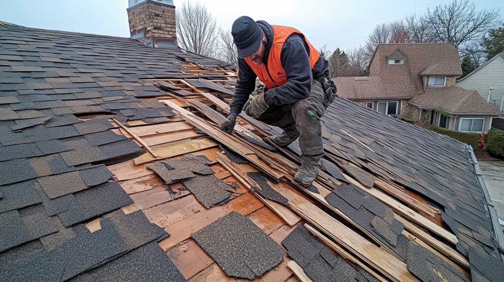 A homeowner compares a new shingle sample with weathered shingles on a residential roof.