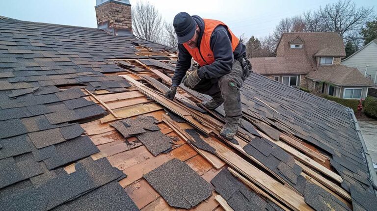 A homeowner compares a new shingle sample with weathered shingles on a residential roof.